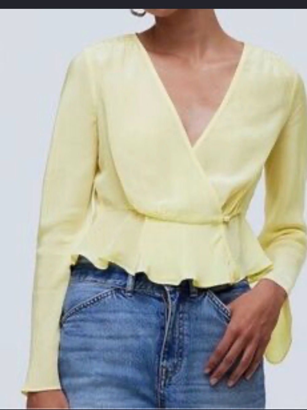 Madewell Sheer Wrap Peplum Blouse Pale Yellow Bell Sleeve Top Size 6 NWT